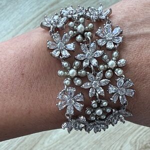Elegant Carolee Silver Floral Crystal and Faux Pearl Bracelet
